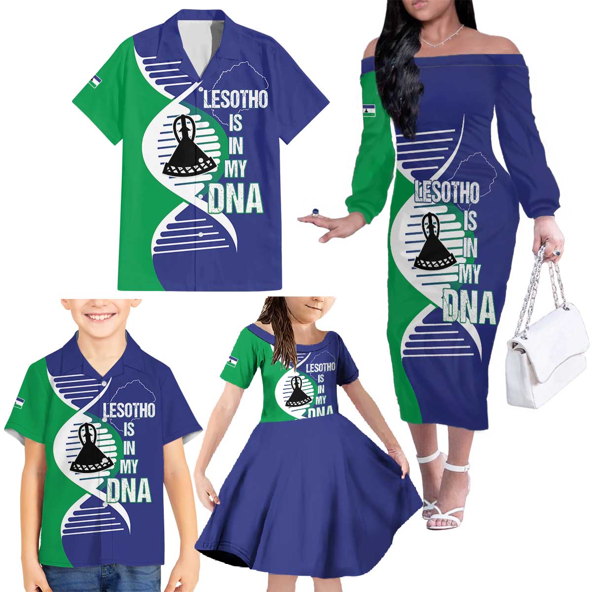 Lesotho Is In My DNA Family Matching Off The Shoulder Long Sleeve Dress and Hawaiian Shirt Lesotho Map and Coat Of Arms
