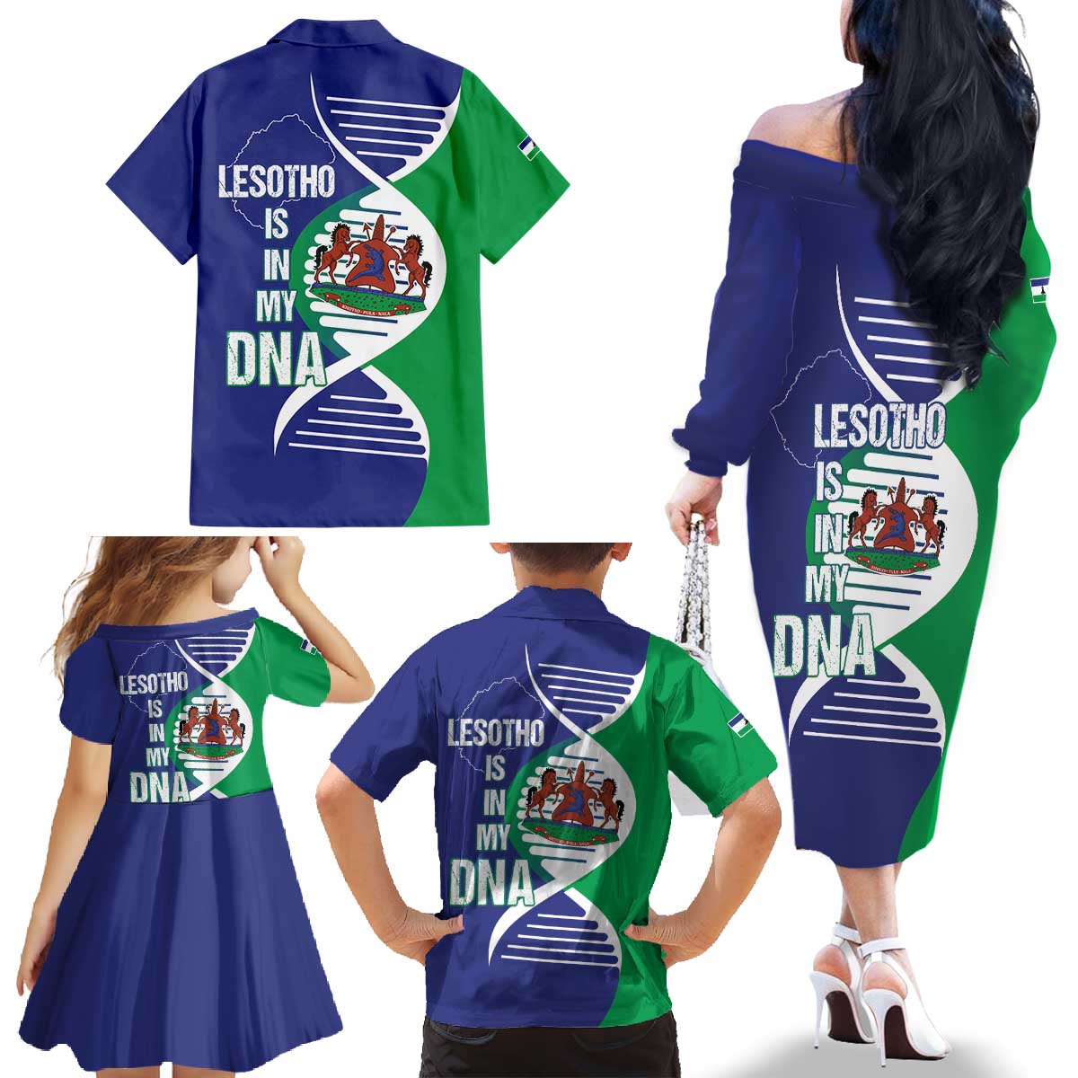 Lesotho Is In My DNA Family Matching Off The Shoulder Long Sleeve Dress and Hawaiian Shirt Lesotho Map and Coat Of Arms