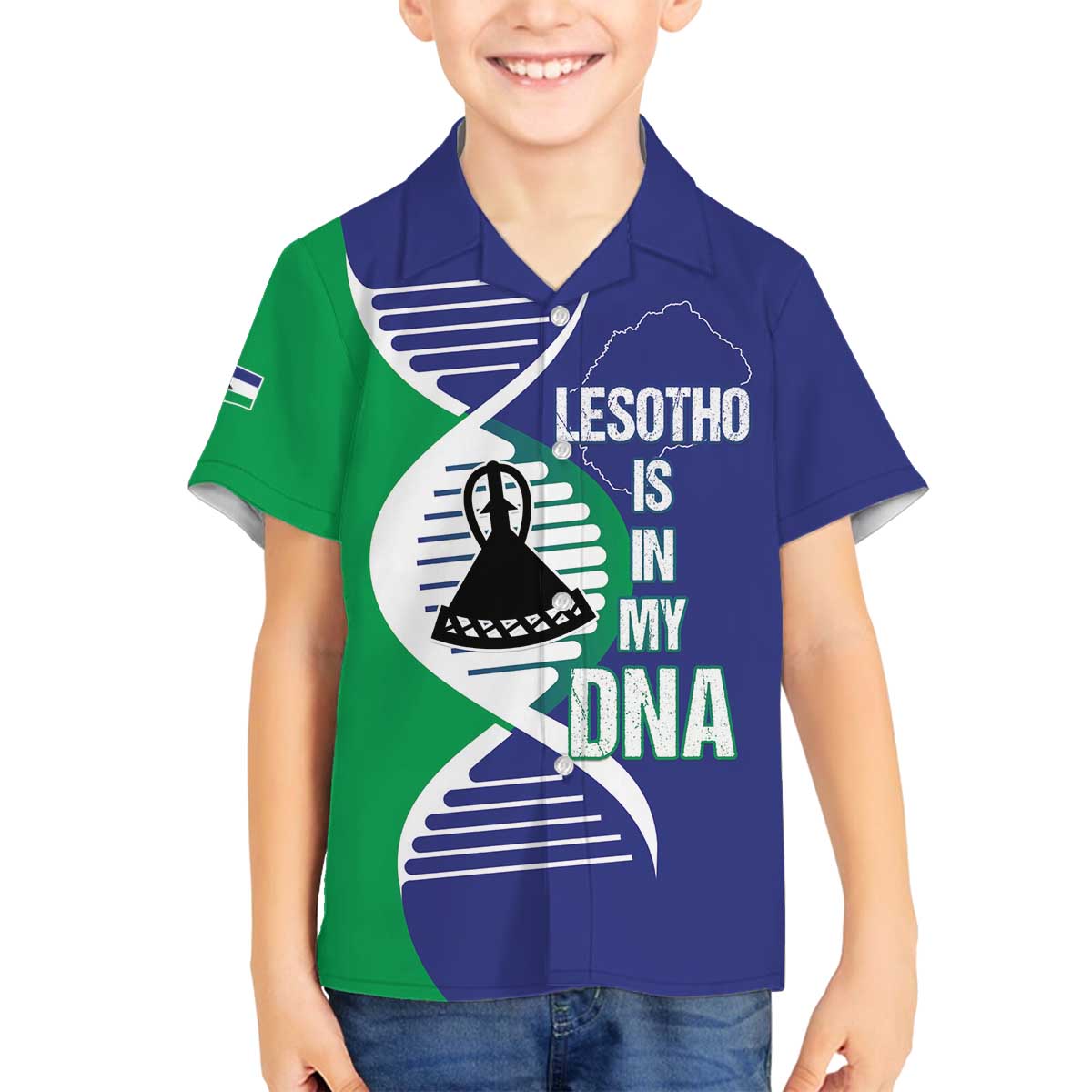 Lesotho Is In My DNA Family Matching Off The Shoulder Long Sleeve Dress and Hawaiian Shirt Lesotho Map and Coat Of Arms