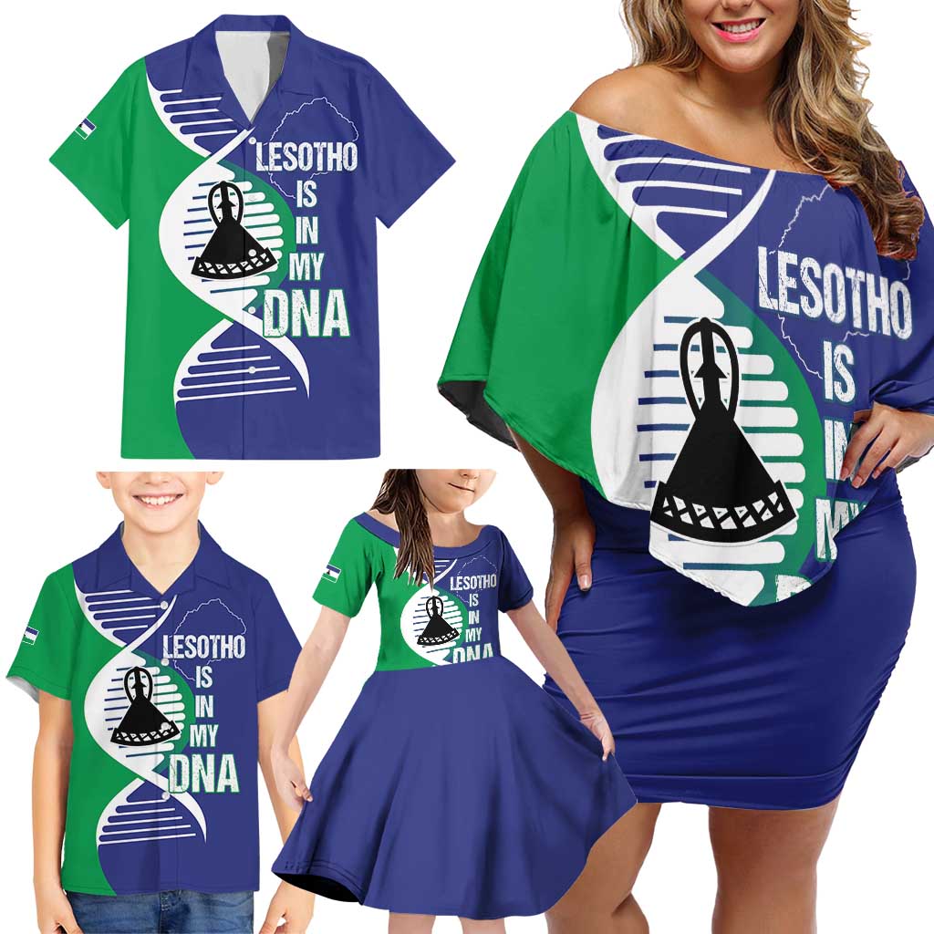 Lesotho Is In My DNA Family Matching Off Shoulder Short Dress and Hawaiian Shirt Lesotho Map and Coat Of Arms