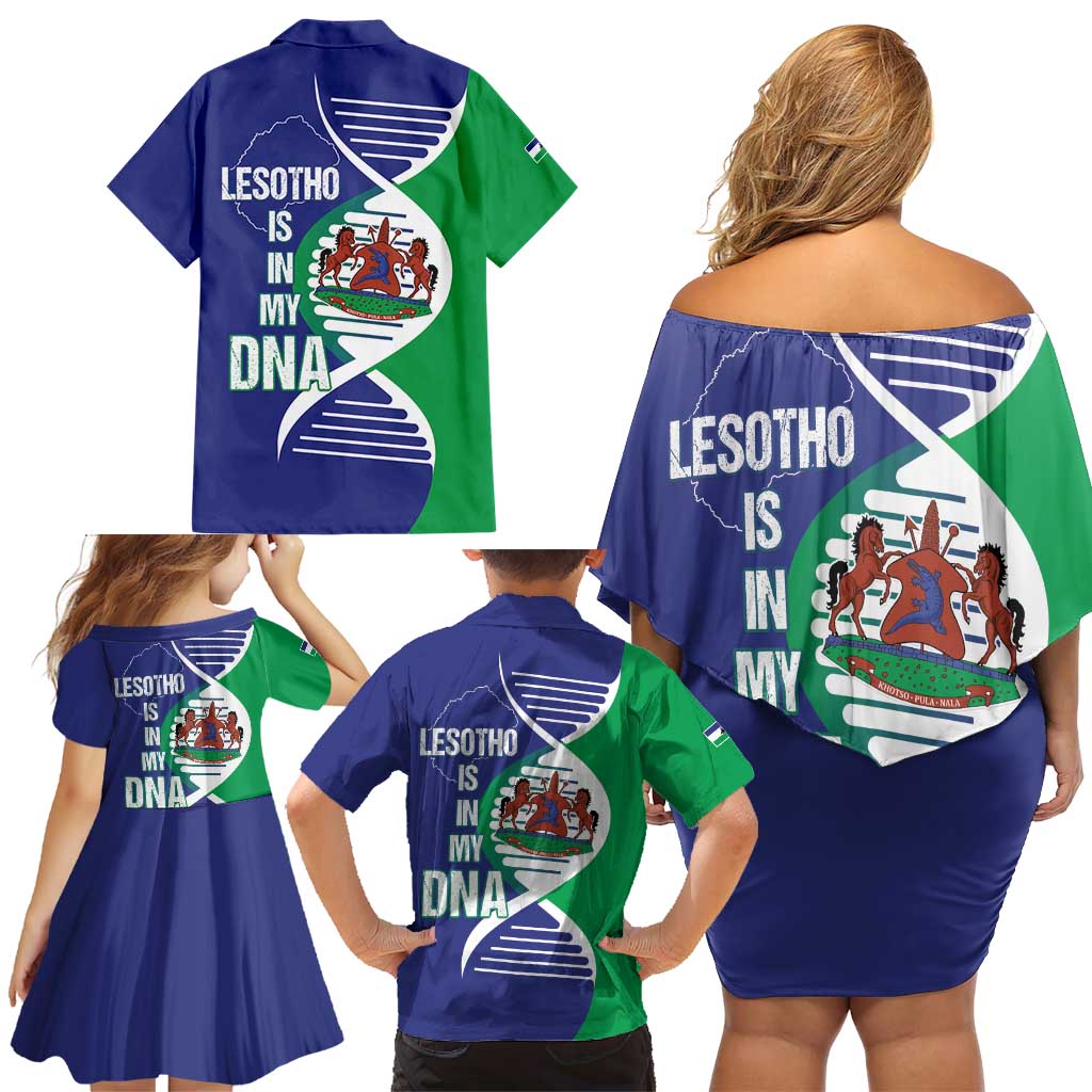 Lesotho Is In My DNA Family Matching Off Shoulder Short Dress and Hawaiian Shirt Lesotho Map and Coat Of Arms