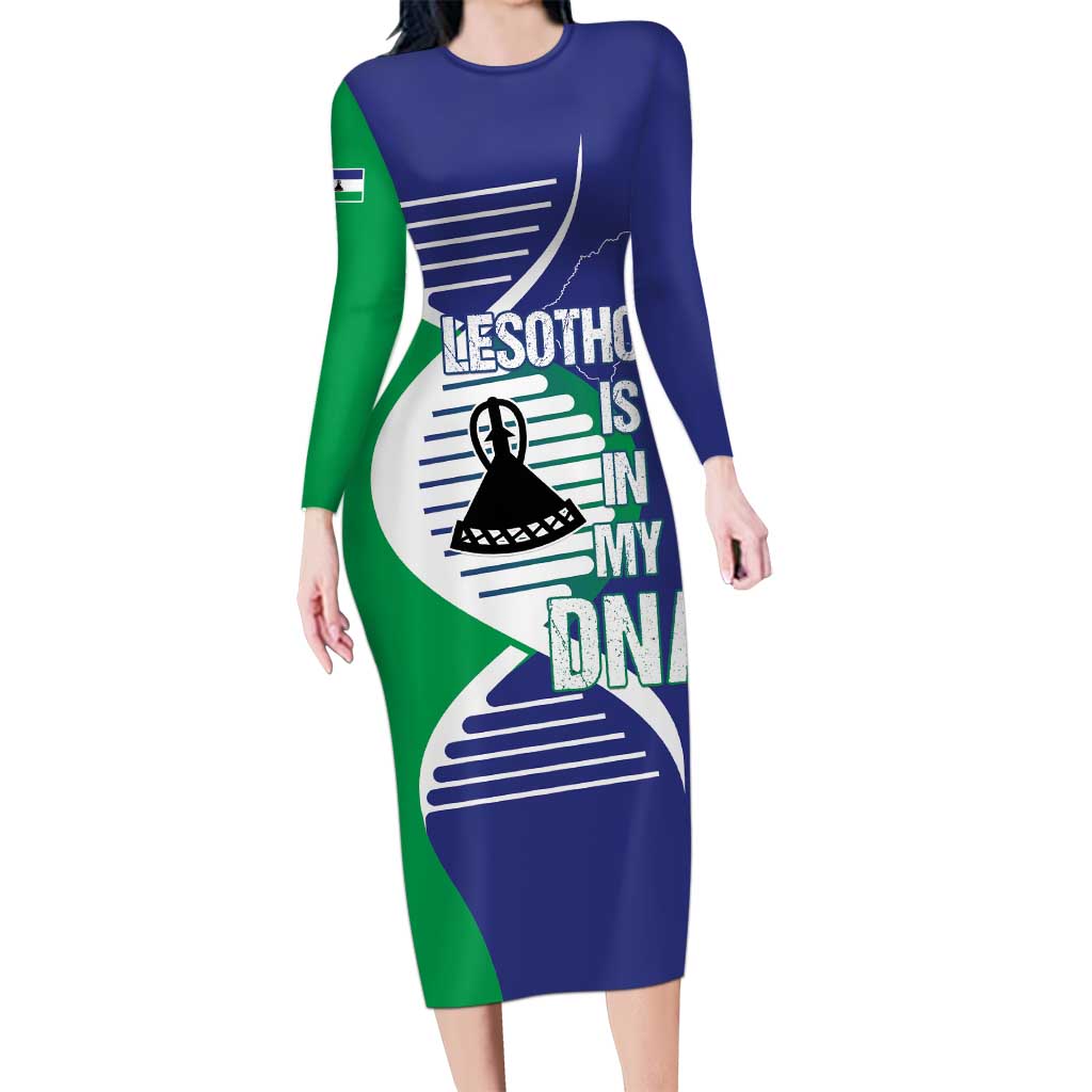 Lesotho Is In My DNA Long Sleeve Bodycon Dress Lesotho Map and Coat Of Arms