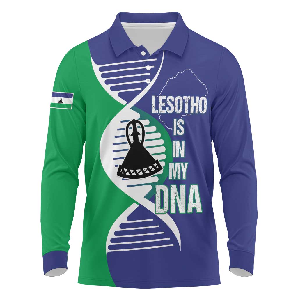 Lesotho Is In My DNA Long Sleeve Polo Shirt Lesotho Map and Coat Of Arms