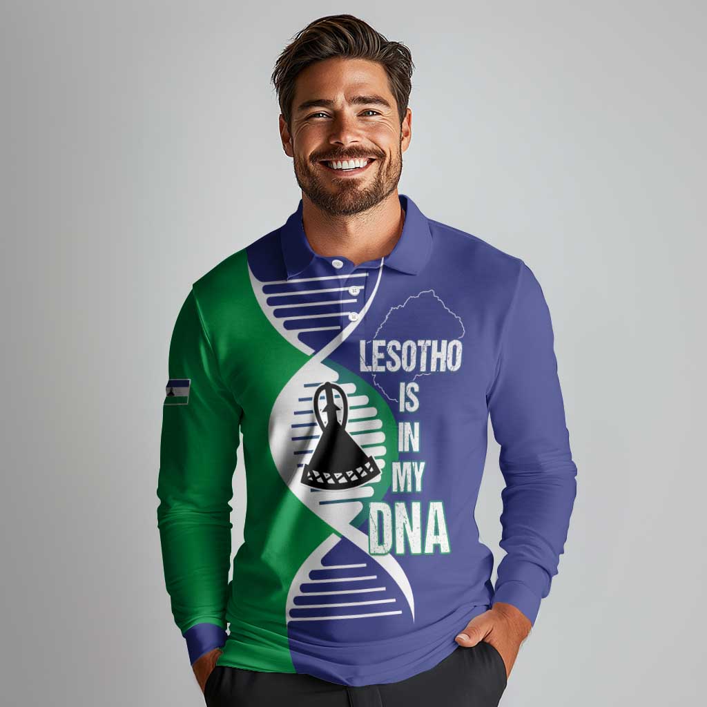 Lesotho Is In My DNA Long Sleeve Polo Shirt Lesotho Map and Coat Of Arms