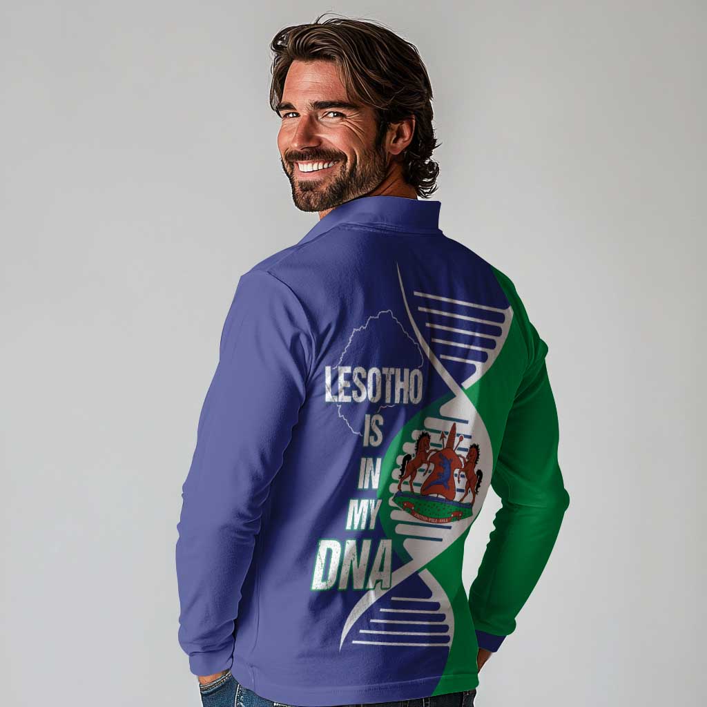 Lesotho Is In My DNA Long Sleeve Polo Shirt Lesotho Map and Coat Of Arms