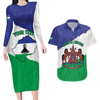 Personalised Lesotho Couples Matching Long Sleeve Bodycon Dress and Hawaiian Shirt Coat Of Arms With Map