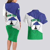 Personalised Lesotho Couples Matching Long Sleeve Bodycon Dress and Hawaiian Shirt Coat Of Arms With Map