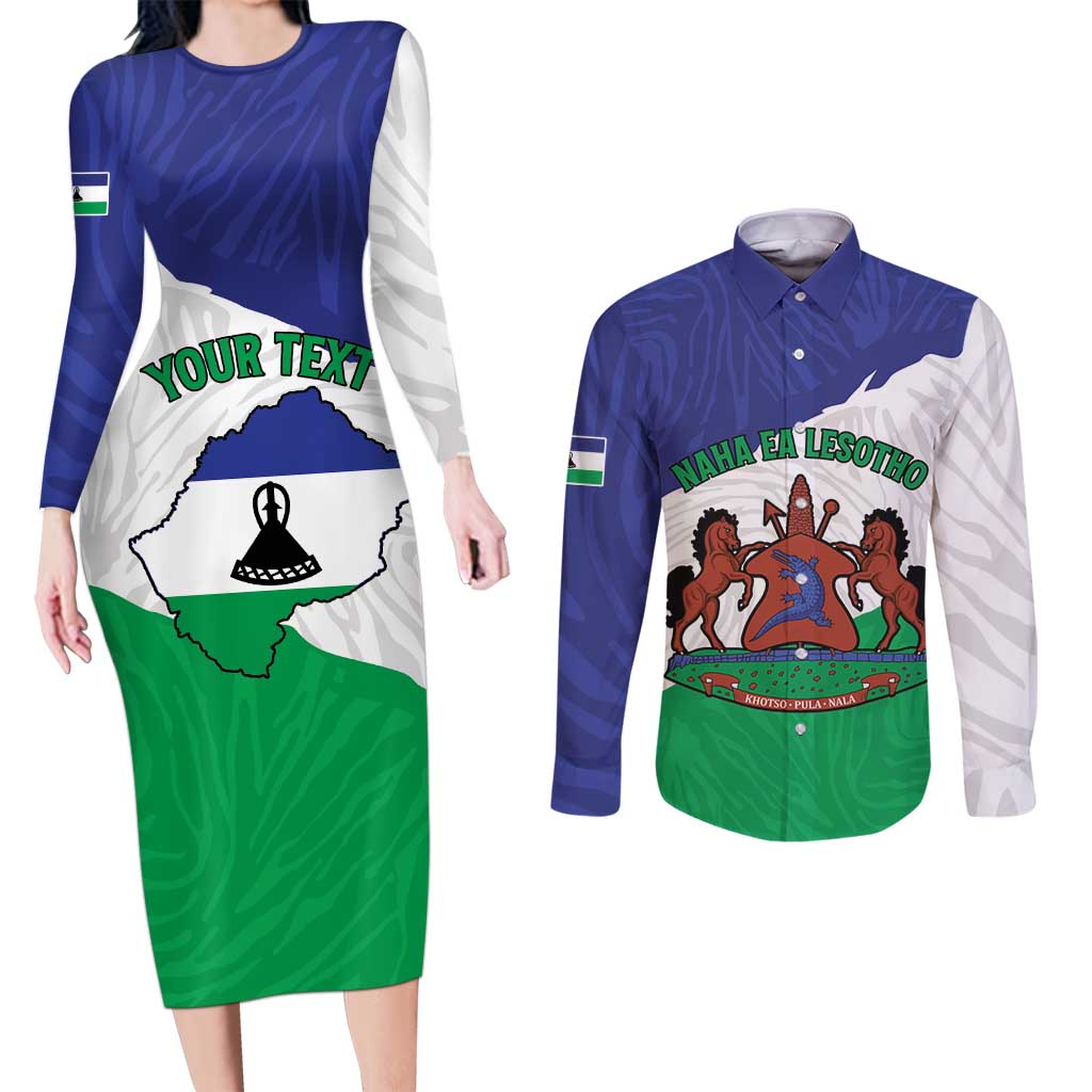 Personalised Lesotho Couples Matching Long Sleeve Bodycon Dress and Long Sleeve Button Shirt Coat Of Arms With Map