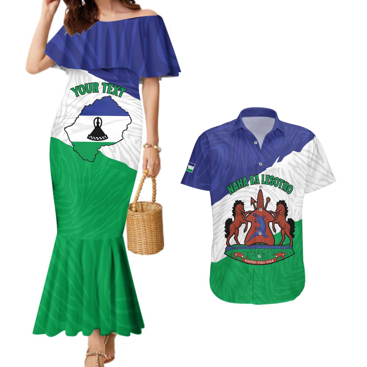 Personalised Lesotho Couples Matching Mermaid Dress and Hawaiian Shirt Coat Of Arms With Map