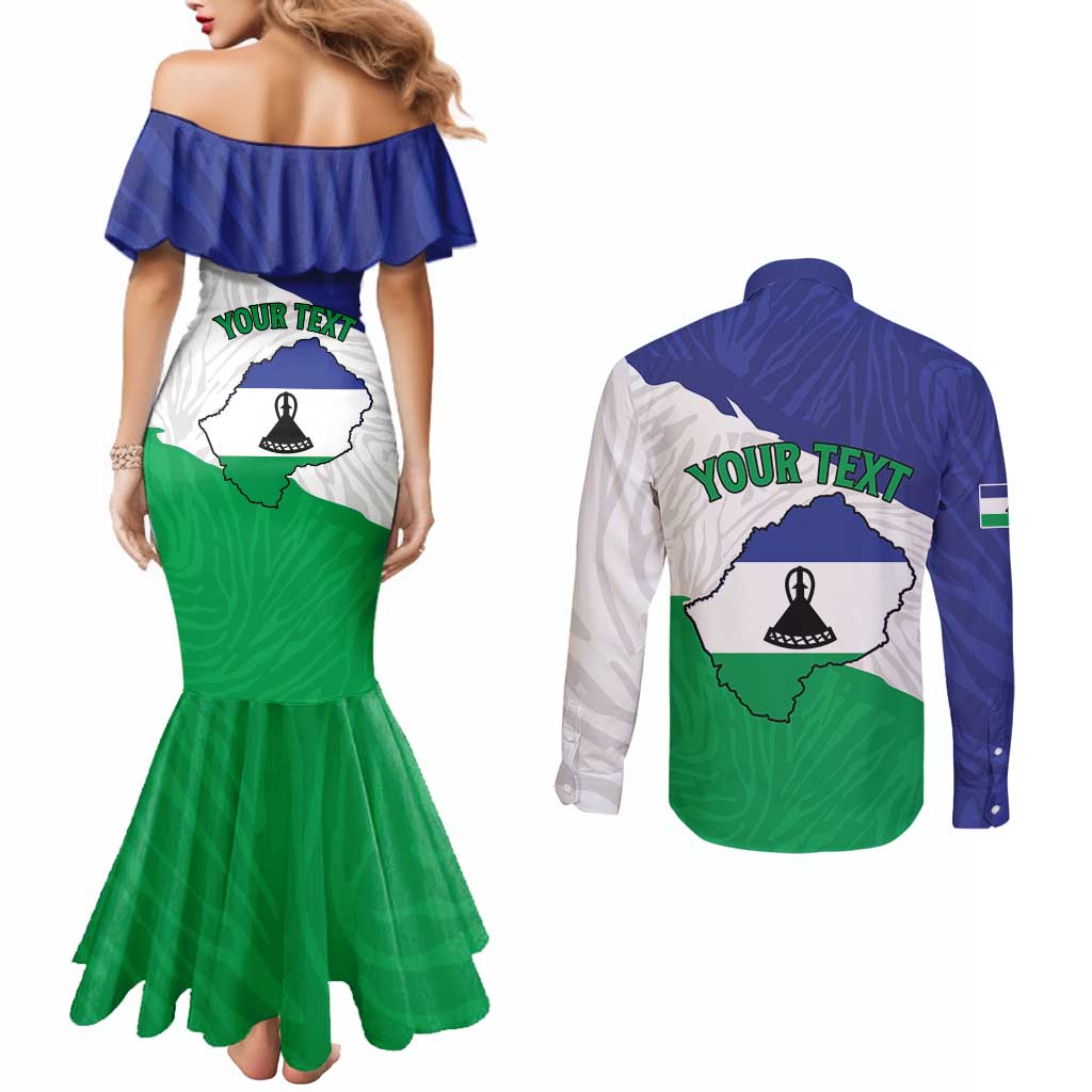 Personalised Lesotho Couples Matching Mermaid Dress and Long Sleeve Button Shirt Coat Of Arms With Map