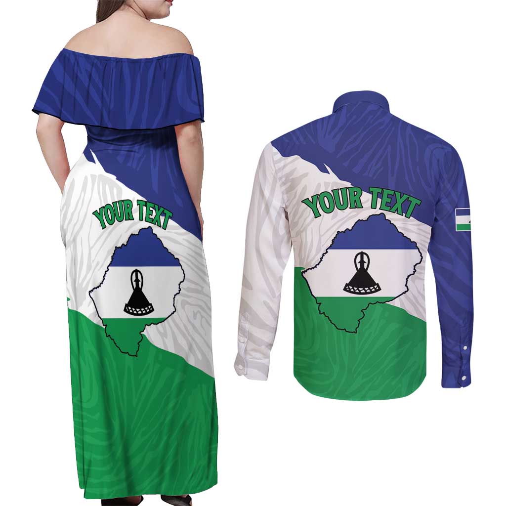 Personalised Lesotho Couples Matching Off Shoulder Maxi Dress and Long Sleeve Button Shirt Coat Of Arms With Map