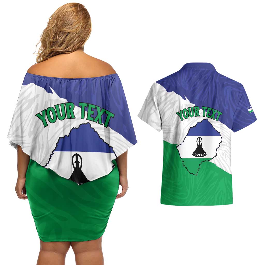 Personalised Lesotho Couples Matching Off Shoulder Short Dress and Hawaiian Shirt Coat Of Arms With Map