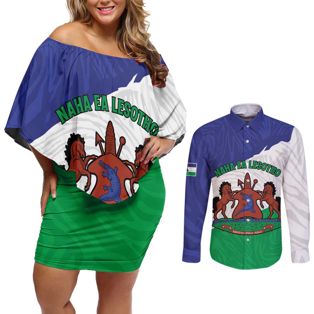 Personalised Lesotho Couples Matching Off Shoulder Short Dress and Long Sleeve Button Shirt Coat Of Arms With Map