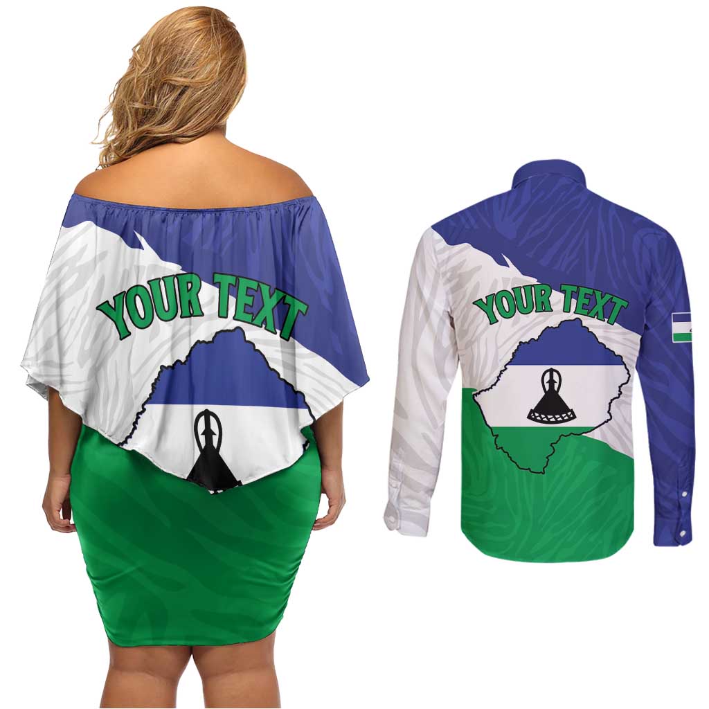 Personalised Lesotho Couples Matching Off Shoulder Short Dress and Long Sleeve Button Shirt Coat Of Arms With Map