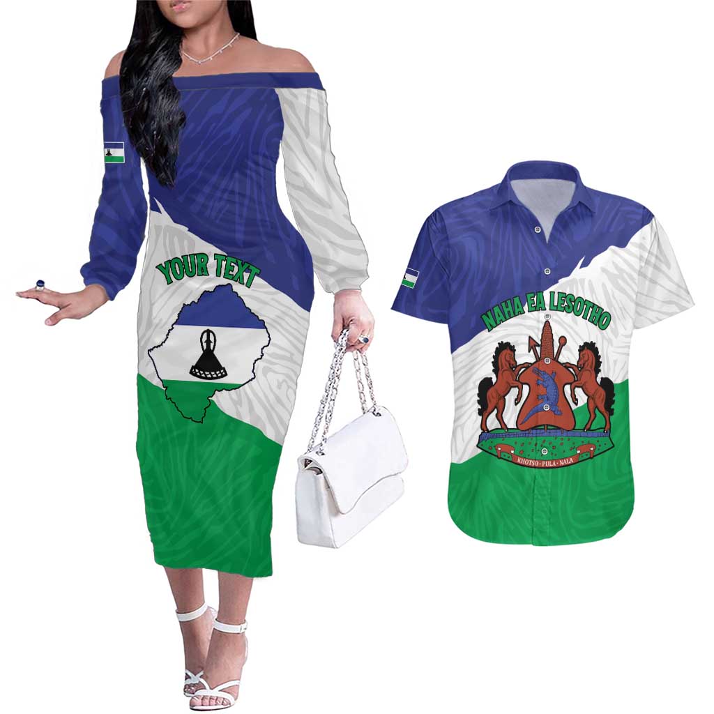 Personalised Lesotho Couples Matching Off The Shoulder Long Sleeve Dress and Hawaiian Shirt Coat Of Arms With Map