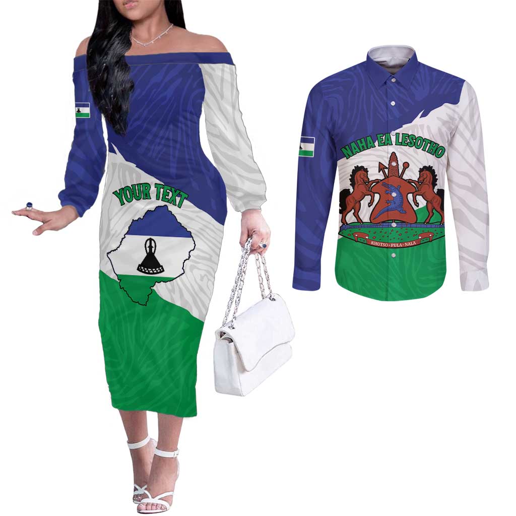 Personalised Lesotho Couples Matching Off The Shoulder Long Sleeve Dress and Long Sleeve Button Shirt Coat Of Arms With Map