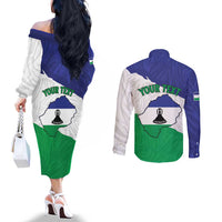 Personalised Lesotho Couples Matching Off The Shoulder Long Sleeve Dress and Long Sleeve Button Shirt Coat Of Arms With Map