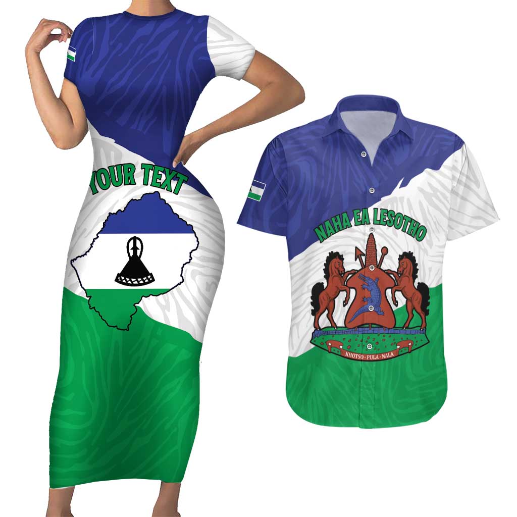 Personalised Lesotho Couples Matching Short Sleeve Bodycon Dress and Hawaiian Shirt Coat Of Arms With Map