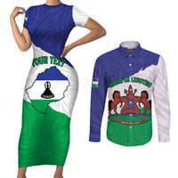 Personalised Lesotho Couples Matching Short Sleeve Bodycon Dress and Long Sleeve Button Shirt Coat Of Arms With Map