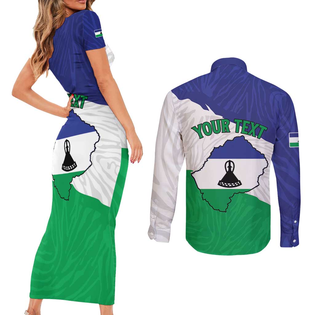 Personalised Lesotho Couples Matching Short Sleeve Bodycon Dress and Long Sleeve Button Shirt Coat Of Arms With Map