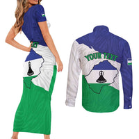 Personalised Lesotho Couples Matching Short Sleeve Bodycon Dress and Long Sleeve Button Shirt Coat Of Arms With Map