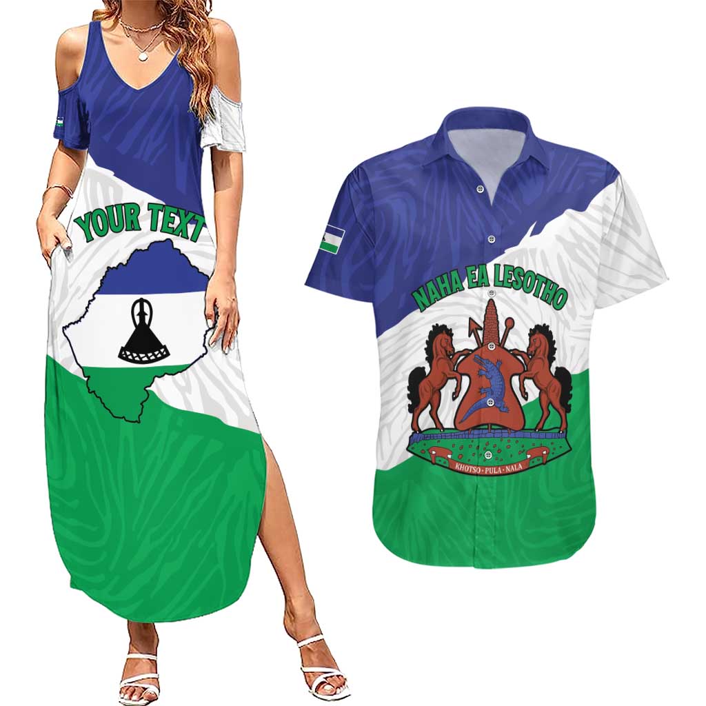 Personalised Lesotho Couples Matching Summer Maxi Dress and Hawaiian Shirt Coat Of Arms With Map