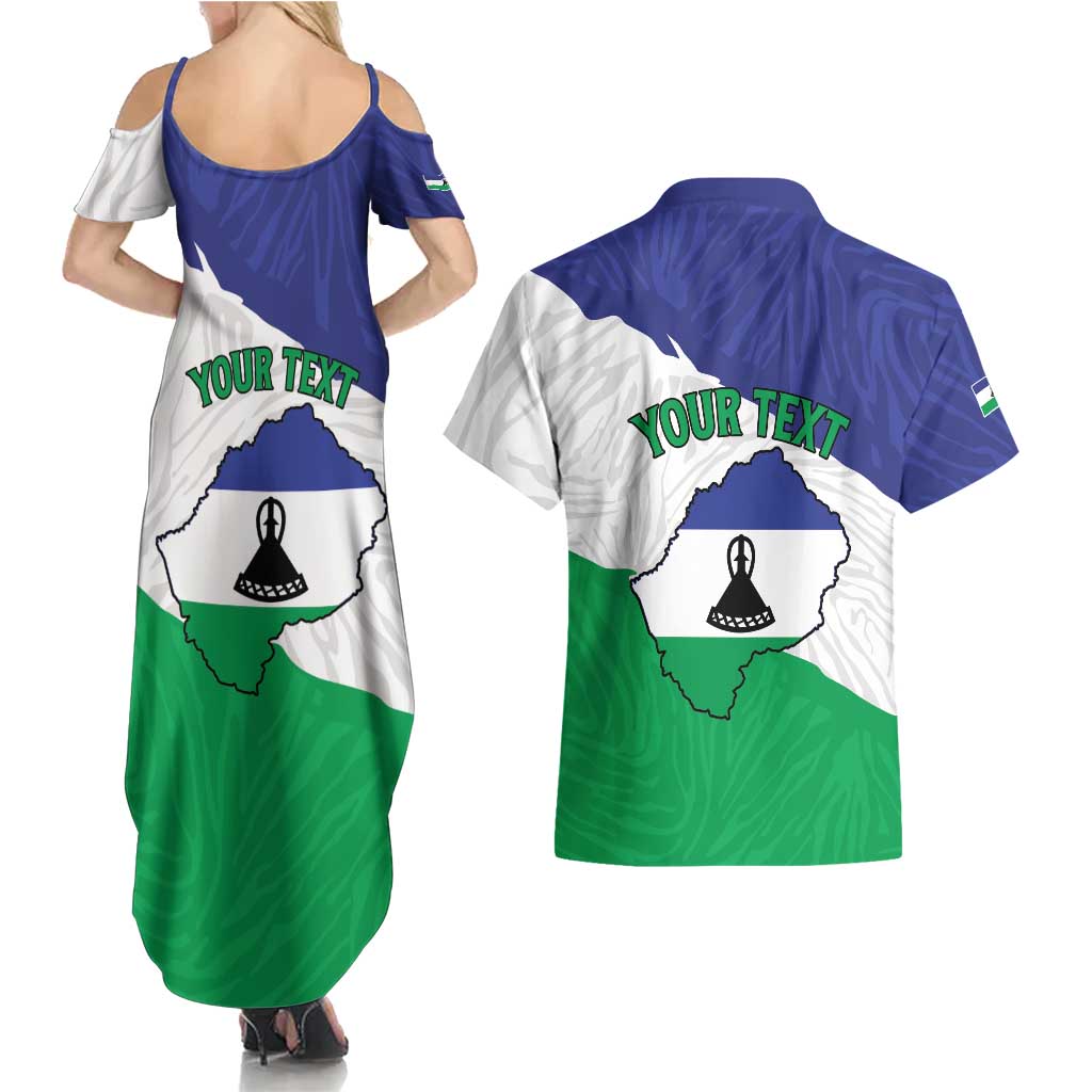 Personalised Lesotho Couples Matching Summer Maxi Dress and Hawaiian Shirt Coat Of Arms With Map