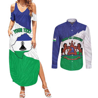 Personalised Lesotho Couples Matching Summer Maxi Dress and Long Sleeve Button Shirt Coat Of Arms With Map