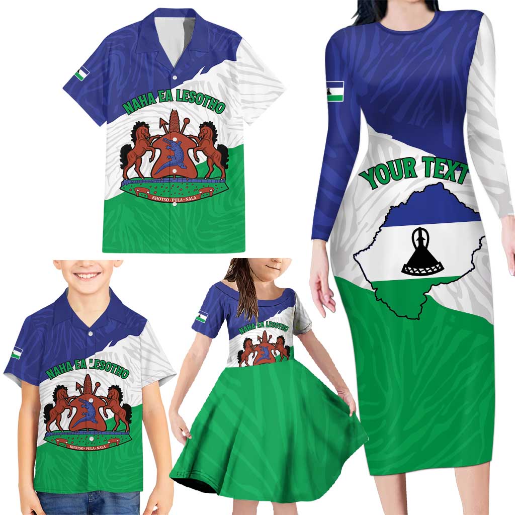 Personalised Lesotho Family Matching Long Sleeve Bodycon Dress and Hawaiian Shirt Coat Of Arms With Map