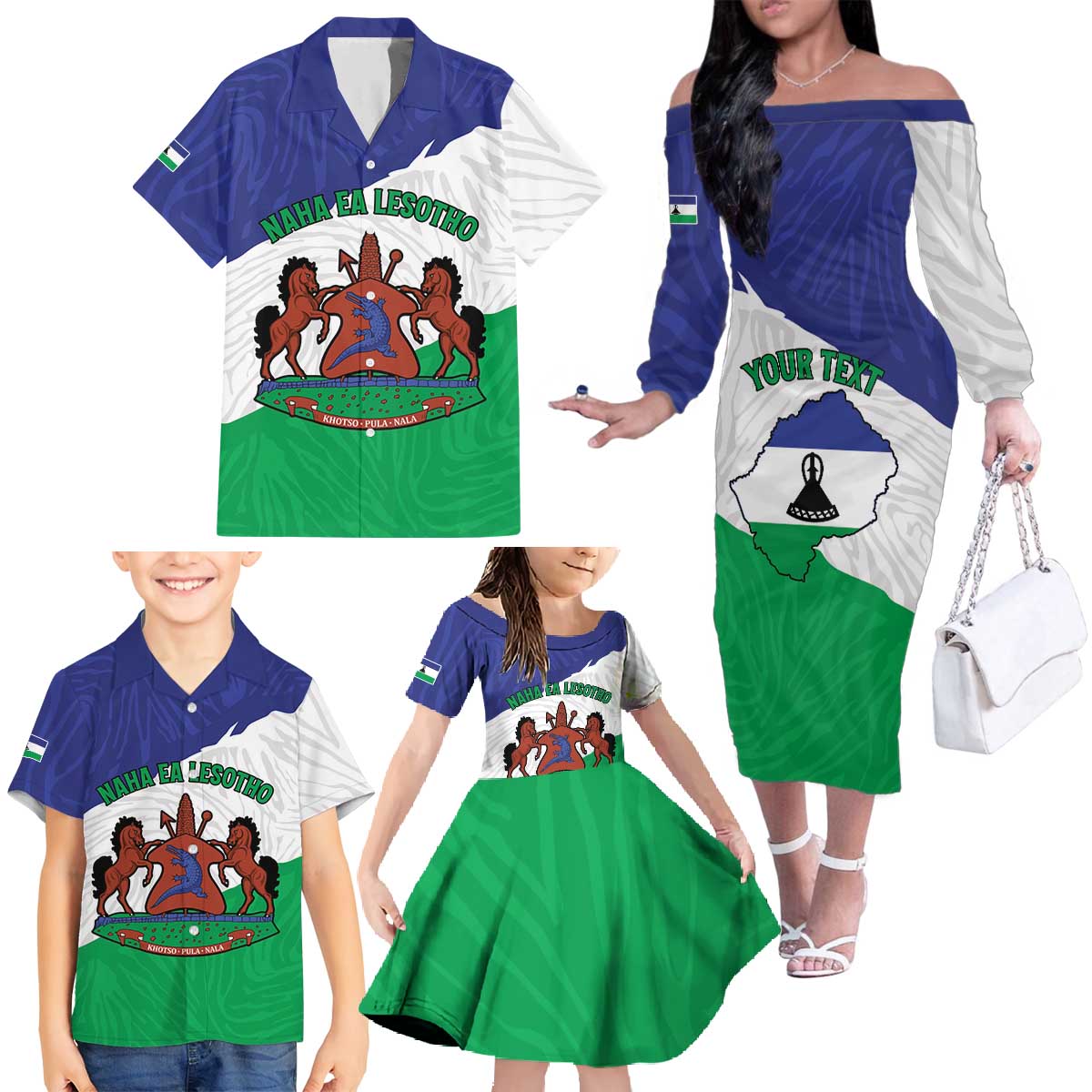 Personalised Lesotho Family Matching Off The Shoulder Long Sleeve Dress and Hawaiian Shirt Coat Of Arms With Map