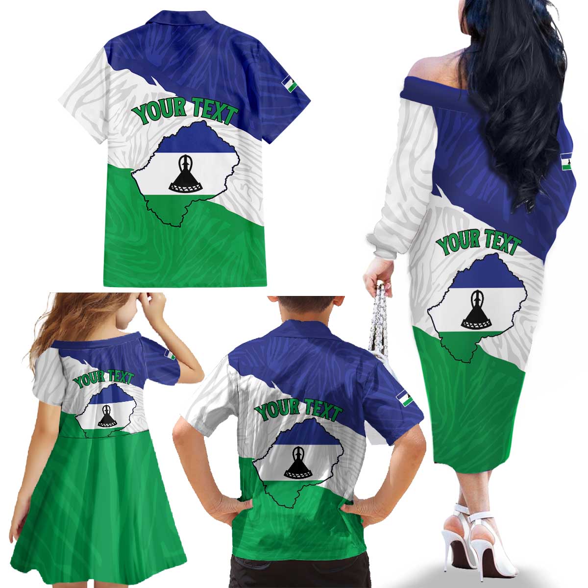 Personalised Lesotho Family Matching Off The Shoulder Long Sleeve Dress and Hawaiian Shirt Coat Of Arms With Map