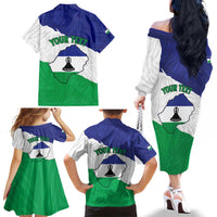 Personalised Lesotho Family Matching Off The Shoulder Long Sleeve Dress and Hawaiian Shirt Coat Of Arms With Map