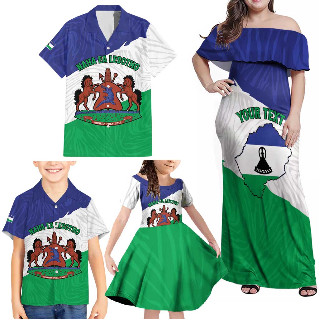 Personalised Lesotho Family Matching Off Shoulder Maxi Dress and Hawaiian Shirt Coat Of Arms With Map