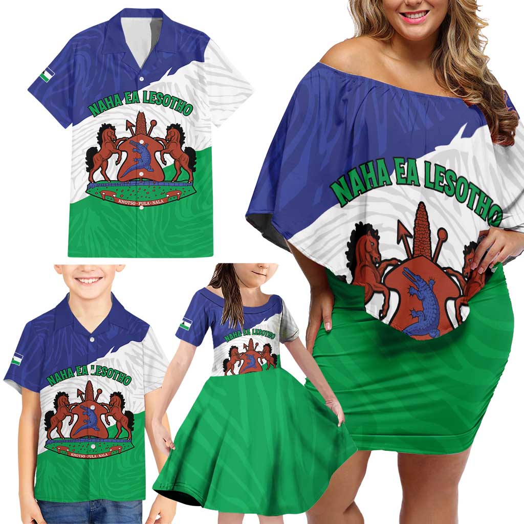 Personalised Lesotho Family Matching Off Shoulder Short Dress and Hawaiian Shirt Coat Of Arms With Map