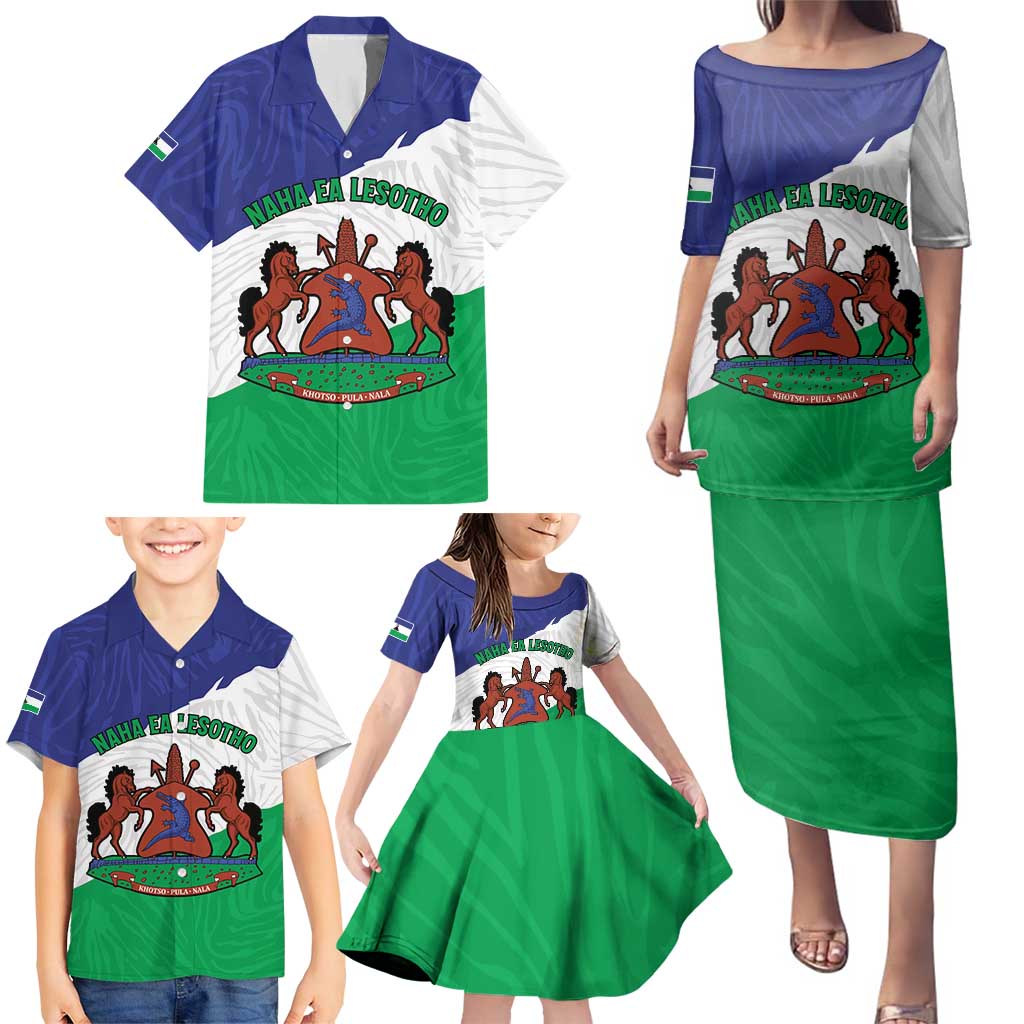 Personalised Lesotho Family Matching Puletasi and Hawaiian Shirt Coat Of Arms With Map