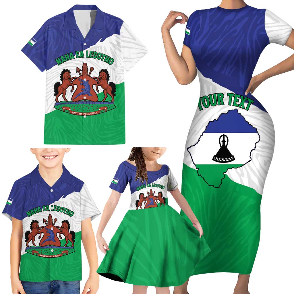 Personalised Lesotho Family Matching Short Sleeve Bodycon Dress and Hawaiian Shirt Coat Of Arms With Map