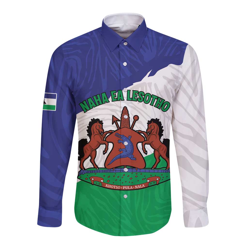 Personalised Lesotho Long Sleeve Button Shirt Coat Of Arms With Map