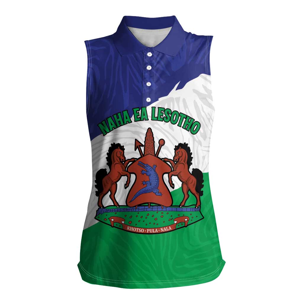 Personalised Lesotho Women Sleeveless Polo Shirt Coat Of Arms With Map