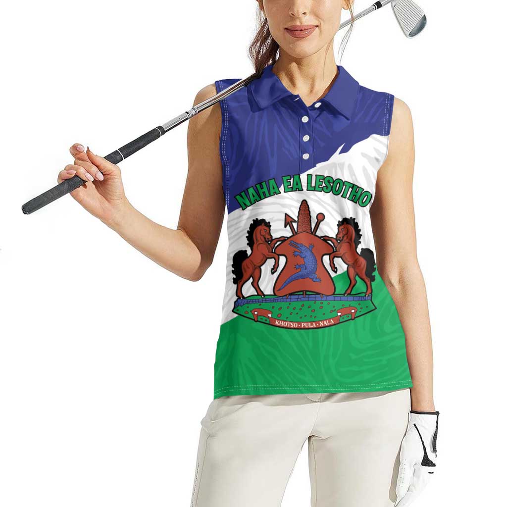 Personalised Lesotho Women Sleeveless Polo Shirt Coat Of Arms With Map