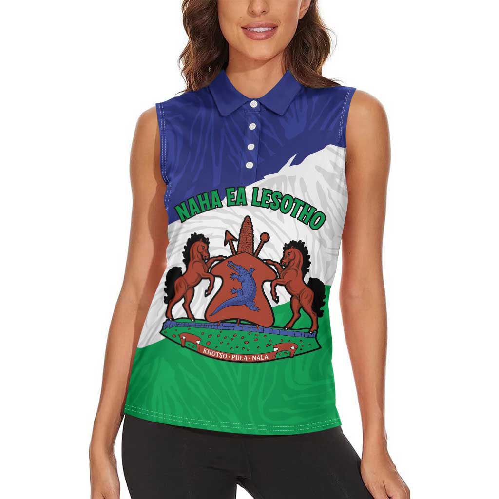Personalised Lesotho Women Sleeveless Polo Shirt Coat Of Arms With Map