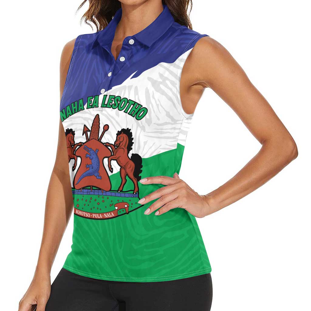 Personalised Lesotho Women Sleeveless Polo Shirt Coat Of Arms With Map