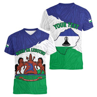 Personalised Lesotho Women V-Neck T-Shirt Coat Of Arms With Map
