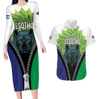 Personalised Lesotho Black Rhinoceros Couples Matching Long Sleeve Bodycon Dress and Hawaiian Shirt With Aloe Polyphylla