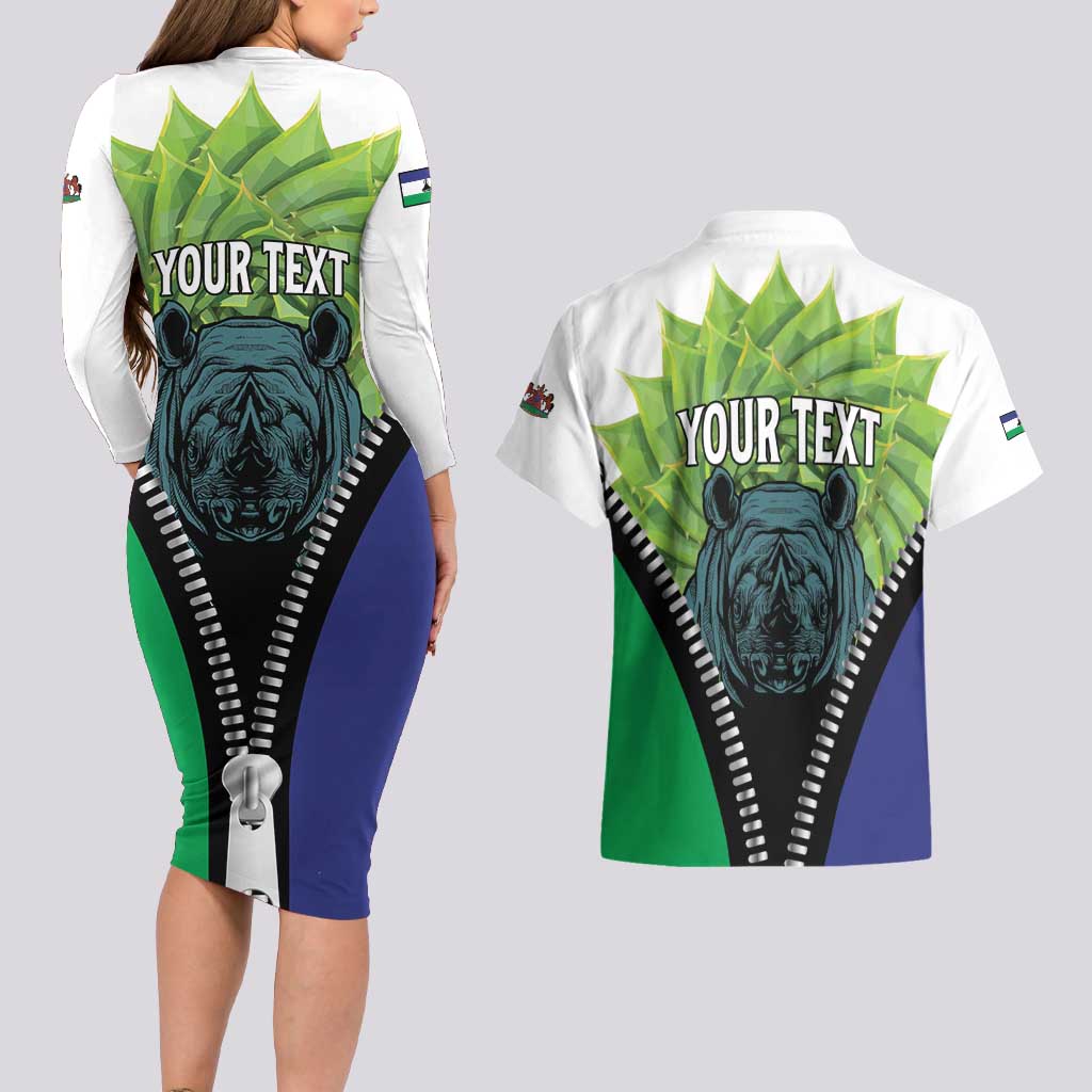 Personalised Lesotho Black Rhinoceros Couples Matching Long Sleeve Bodycon Dress and Hawaiian Shirt With Aloe Polyphylla