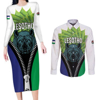 Personalised Lesotho Black Rhinoceros Couples Matching Long Sleeve Bodycon Dress and Long Sleeve Button Shirt With Aloe Polyphylla