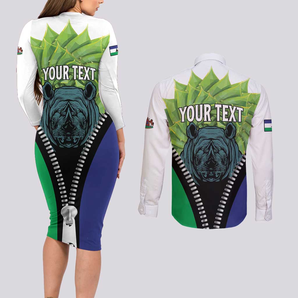 Personalised Lesotho Black Rhinoceros Couples Matching Long Sleeve Bodycon Dress and Long Sleeve Button Shirt With Aloe Polyphylla