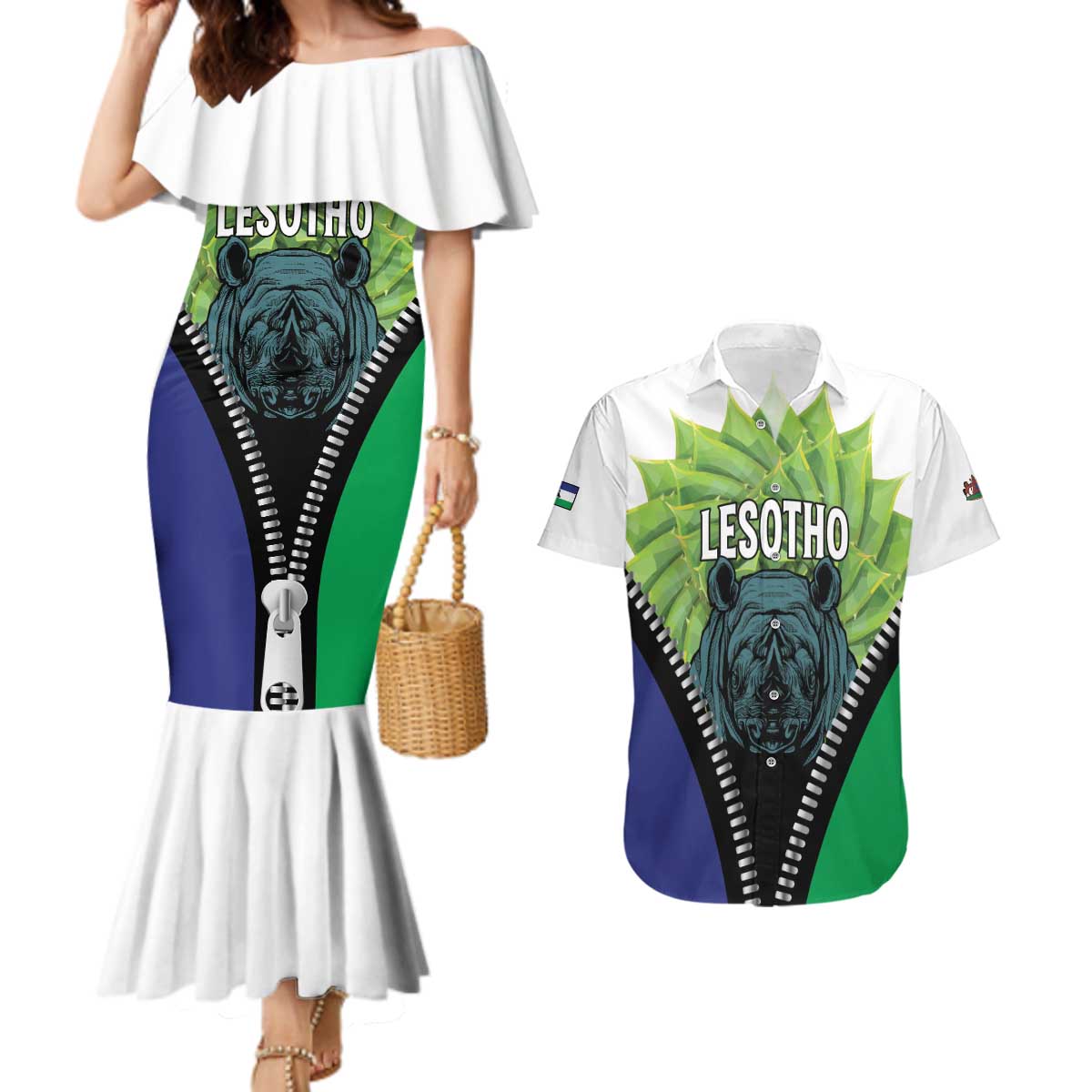 Personalised Lesotho Black Rhinoceros Couples Matching Mermaid Dress and Hawaiian Shirt With Aloe Polyphylla