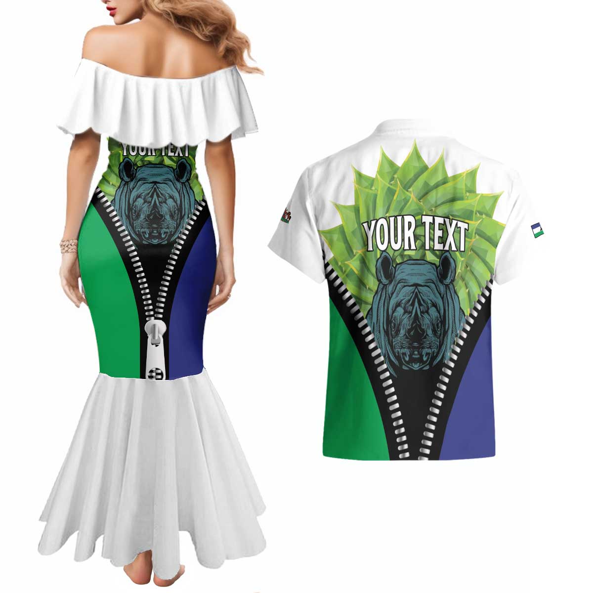 Personalised Lesotho Black Rhinoceros Couples Matching Mermaid Dress and Hawaiian Shirt With Aloe Polyphylla