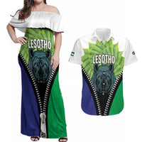 Personalised Lesotho Black Rhinoceros Couples Matching Off Shoulder Maxi Dress and Hawaiian Shirt With Aloe Polyphylla