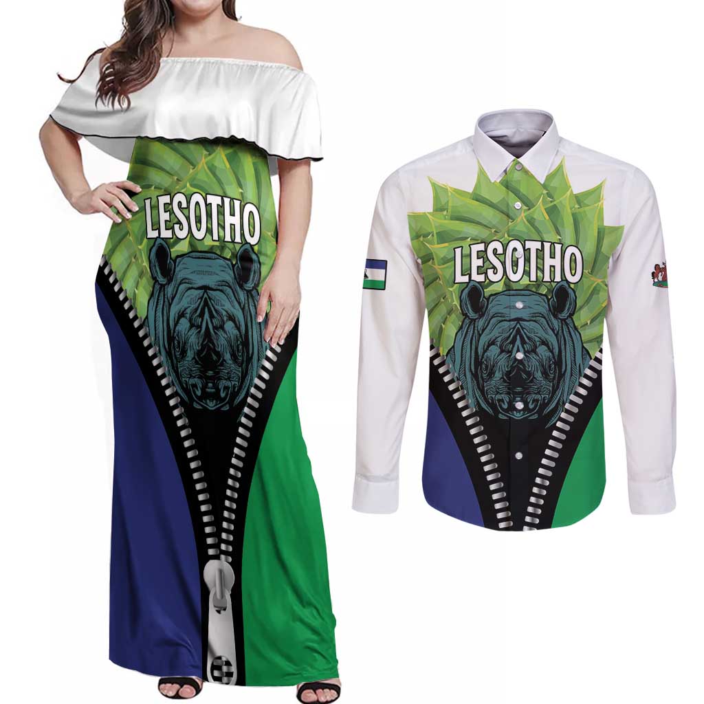 Personalised Lesotho Black Rhinoceros Couples Matching Off Shoulder Maxi Dress and Long Sleeve Button Shirt With Aloe Polyphylla